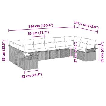 10-teiliges Garten Sofa Set mit Kissen Hellgrau Poly Rattan