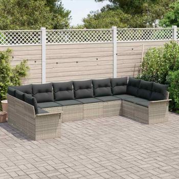 10-teiliges Garten Sofa Set mit Kissen Hellgrau Poly Rattan