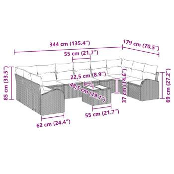 11-teiliges Garten-Sofa-Set mit Kissen in Schwarz aus Poly-Rattan