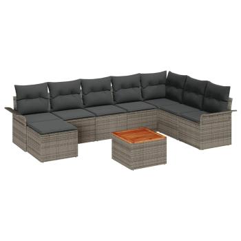 9-teiliges Garten-Sofa-Set mit Kissen Grau Poly-Rattan Akazie