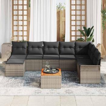 9-teiliges Garten-Sofa-Set mit Kissen Grau Poly-Rattan Akazie