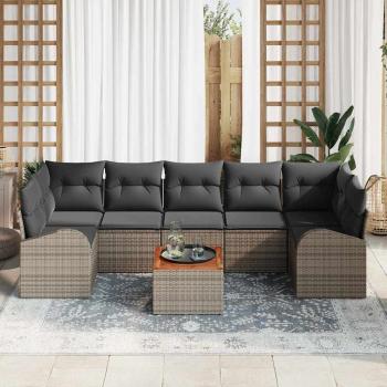 8-teilige Garten Sofaset mit Kissen Grau Poly Rattan Akazie