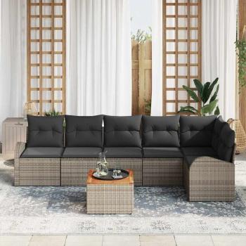 7-teiliges Garten Sofa Set mit Kissen Grau Poly Rattan Akazie