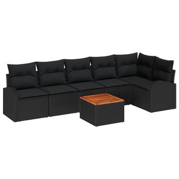 7-teiliges Garten Sofa Set mit Kissen Schwarz Poly Rattan Akazie