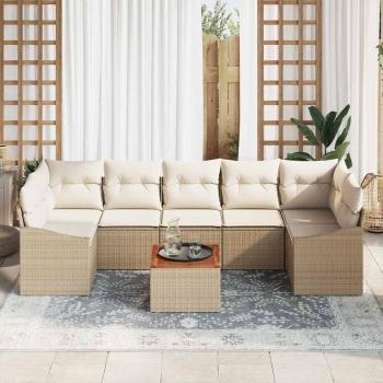 8-teiliges Garten Sofa Set mit Kissen Beige Poly Rattan Akazien