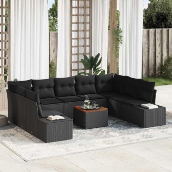 ARDEBO.de - 10-teiliges Garten Sofa Set mit Kissen Schwarz Poly Rattan Akazie