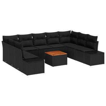 10-teiliges Garten Sofa Set mit Kissen Schwarz Poly Rattan Akazie
