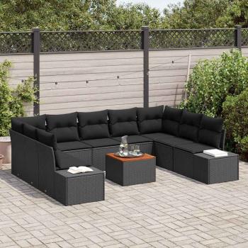 10-teiliges Garten Sofa Set mit Kissen Schwarz Poly Rattan Akazie