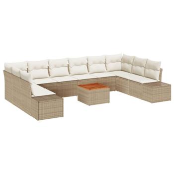 11-teiliges Garten Sofa Set mit Kissen Beige Poly Rattan Akazie