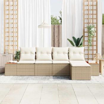 5-teiliges Garten Sofa Set mit Kissen Beige Poly Rattan Akazie