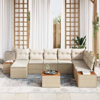 9-teiliges Garten Sofa Set mit Kissen Beige Poly Rattan Akazie