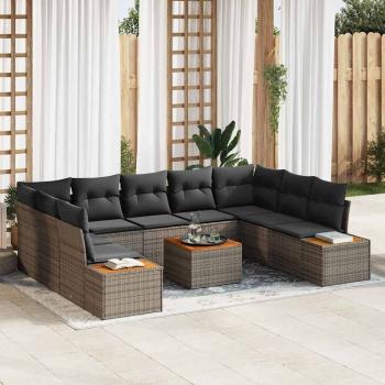 ARDEBO.de - 10-teiliges Garten-Sofa-Set mit Kissen Grau Poly Rattan Akazie