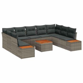 10-teiliges Garten-Sofa-Set mit Kissen Grau Poly Rattan Akazie