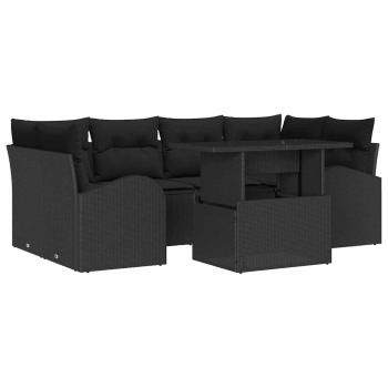 7 teiliges Garten Sofa Set mit Kissen Schwarz Poly Rattan