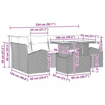 7 teiliges Garten Sofa Set mit Kissen Schwarz Poly Rattan