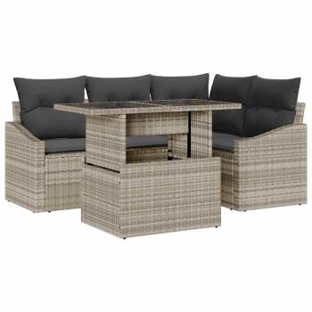 5-teiliges Garten-Sofa-Set mit Kissen in Hellgrau aus Poly Rattan