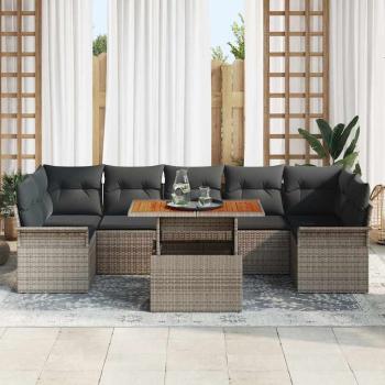 8-teiliges Garten Sofa Set mit Kissen Grau Poly Rattan Akazie