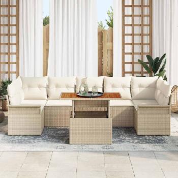 8-teiliges Garten Sofa Set mit Kissen Beige Poly Rattan Akazie
