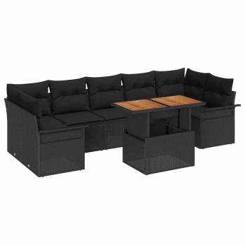 8-teiliges Garten Sofa Set mit Kissen Schwarz Poly Rattan Akazie