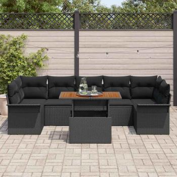 8-teiliges Garten Sofa Set mit Kissen Schwarz Poly Rattan Akazie