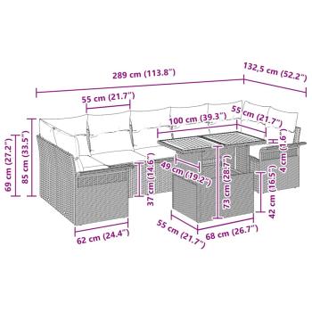 8-teiliges Garten Sofa Set mit Kissen Schwarz Poly Rattan Akazie
