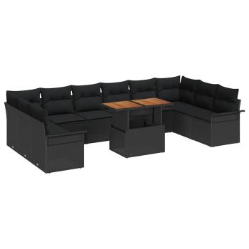 11-teiliges Garten Essset mit Kissen in Schwarz Poly Rattan Akazienholz