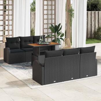 ARDEBO.de - 7-teiliges Garten Esszimmer Set mit Kissen in Schwarz Poly Rattan Akazie