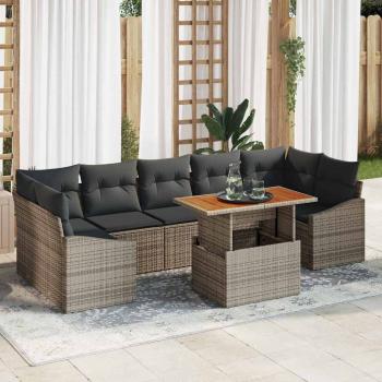 ARDEBO.de - 8-teiliges Garten Essset mit Kissen Grau Poly-Rattan Akazie