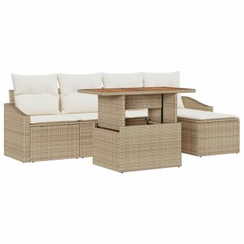 6-teiliges Garten Essgruppen Set mit Kissen Beige Poly Rattan Akazie