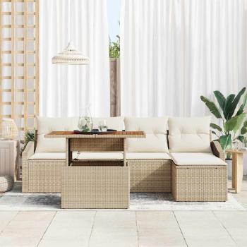 6-teiliges Garten Essgruppen Set mit Kissen Beige Poly Rattan Akazie