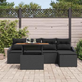 6-teiliges Garten-Ess-Set mit Kissen schwarzes Poly Rattan Akazie
