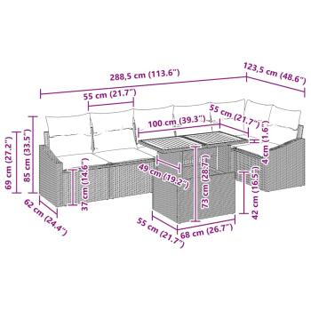 7-teilige Garten Esstisch Set mit Kissen Grau Poly Rattan Akazie