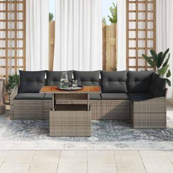 7-teilige Garten Esstisch Set mit Kissen Grau Poly Rattan Akazie