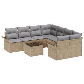 9-teiliges Garten Sofa Set mit Kissen Beige Poly Rattan, 2-Sitzer Garten Sofa mit Stauraum & Kissen Beige Poly Rattan