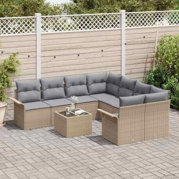 9-teiliges Garten Sofa Set mit Kissen Beige Poly Rattan, 2-Sitzer Garten Sofa mit Stauraum & Kissen Beige Poly Rattan