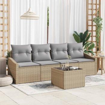 ARDEBO.de - 5-teiliges Garten Essgruppen Set mit Kissen Beige Poly Rattan