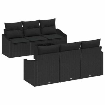 7-teiliges Garten Sofa Set mit Kissen Schwarz Rattan
