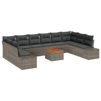 11 teiliges Garten Sofa Set mit Kissen Grau Poly Rattan Akazie