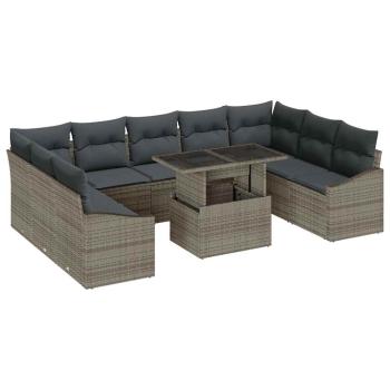 10-teiliges Garten Sofaset mit Kissen Grau Poly Rattan