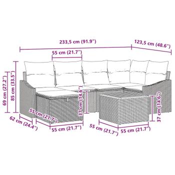 7 Teile Garten Sofa Set mit Kissen Grau Poly Rattan