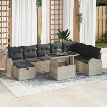 ARDEBO.de - 9-Teiliges Garten Sofa Set mit Kissen Hellgrau Poly Rattan, 2-Sitzer Garten Sofa mit Stauraum und Kissen Hellgrau Poly Rattan