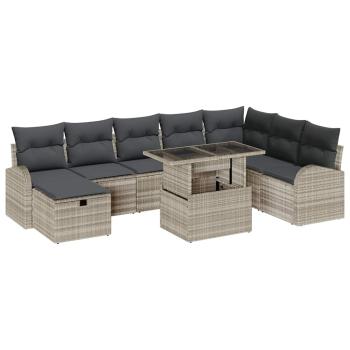 9-Teiliges Garten Sofa Set mit Kissen Hellgrau Poly Rattan, 2-Sitzer Garten Sofa mit Stauraum und Kissen Hellgrau Poly Rattan