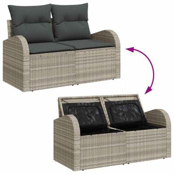 9-Teiliges Garten Sofa Set mit Kissen Hellgrau Poly Rattan, 2-Sitzer Garten Sofa mit Stauraum und Kissen Hellgrau Poly Rattan