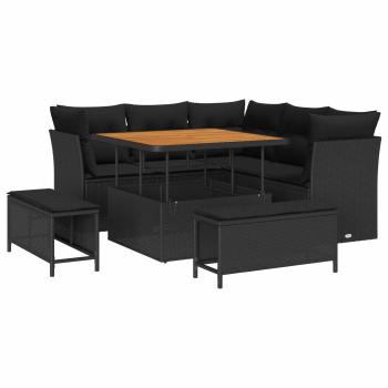 ARDEBO.de - 8-teiliges Garten Sofa Set mit Kissen Schwarz Poly Rattan Akazie, 3-teiliges Garten Ess-Set mit Kissen Schwarz Poly Rattan Akazie