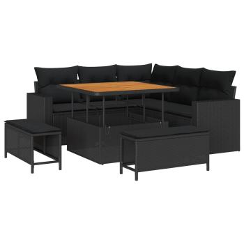 ARDEBO.de - 8-teiliges Garten-Sofa-Set mit Kissen Schwarz Poly-Rattan Akazie, 3-teiliges Garten-Ess-Set mit Kissen Schwarz Poly-Rattan Akazie