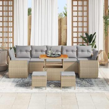 10-teiliges Garten-Sofa-Set mit Kissen Beige Poly Rattan Akazie, 3-teiliges Garten-Ess-Set mit Kissen Beige Poly Rattan Akazie