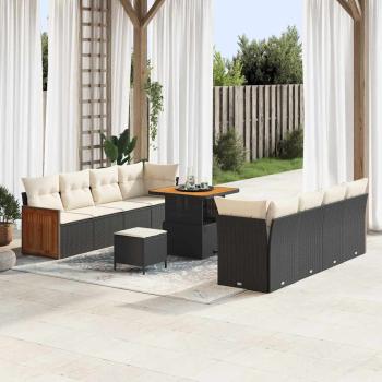ARDEBO.de - 11-teiliges Garten-Sofa-Set mit Kissen Schwarz Poly Rattan Akazie, 2-Sitzer Garten Sofa mit Kissen Schwarz Poly Rattan, 3-teiliges Garten-Esszimmer-Set mit Kissen Schwarz Poly Rattan Akazie