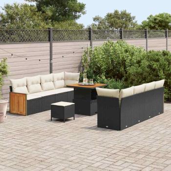 11-teiliges Garten-Sofa-Set mit Kissen Schwarz Poly Rattan Akazie, 2-Sitzer Garten Sofa mit Kissen Schwarz Poly Rattan, 3-teiliges Garten-Esszimmer-Set mit Kissen Schwarz Poly Rattan Akazie