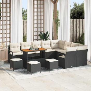 ARDEBO.de - 13-teiliges Garten Sofa Set mit Kissen Schwarz Poly Rattan Akazie, 2-Sitzer Garten Sofa mit Stauraum & Kissen Schwarz Poly Rattan, 4-teiliges Garten Essset mit Kissen Schwarz Poly Rattan Akazie