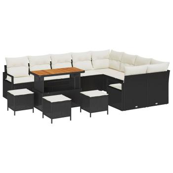 13-teiliges Garten Sofa Set mit Kissen Schwarz Poly Rattan Akazie, 2-Sitzer Garten Sofa mit Stauraum & Kissen Schwarz Poly Rattan, 4-teiliges Garten Essset mit Kissen Schwarz Poly Rattan Akazie